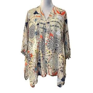Umgee Women's Bohemian Kimono Jacket M Multicolor Geometric Fringe